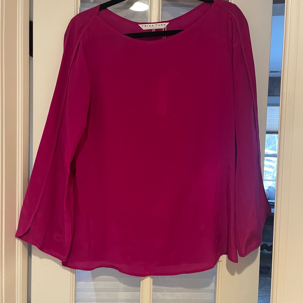 Trina Turk Pink Blouse with Billowy Sleeves and Relaxed Fit